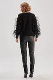 Handmade Black Knitwear Sweater with Feather Sleeves and Beads