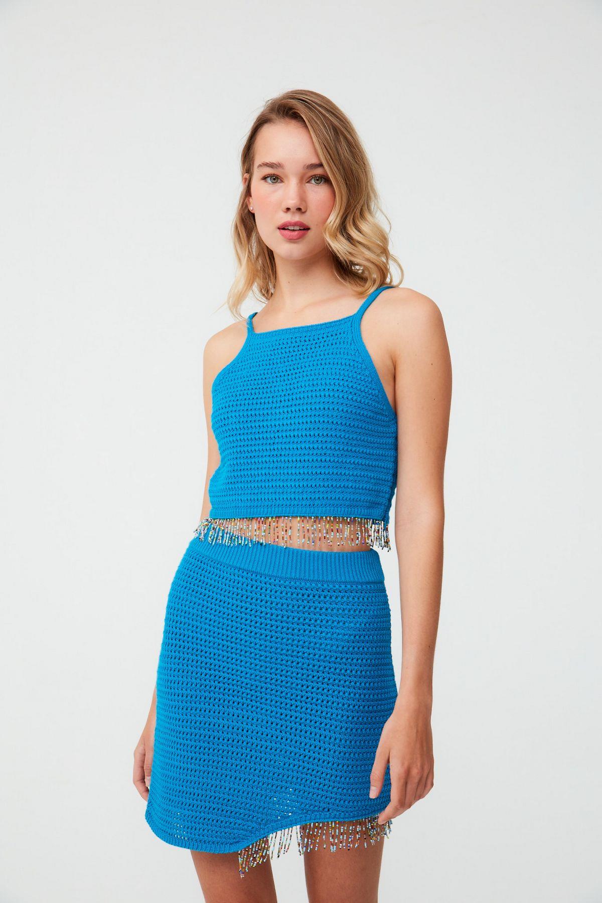 Bead Embroidery Detailed Asymmetrical Blue Mini  Skirt