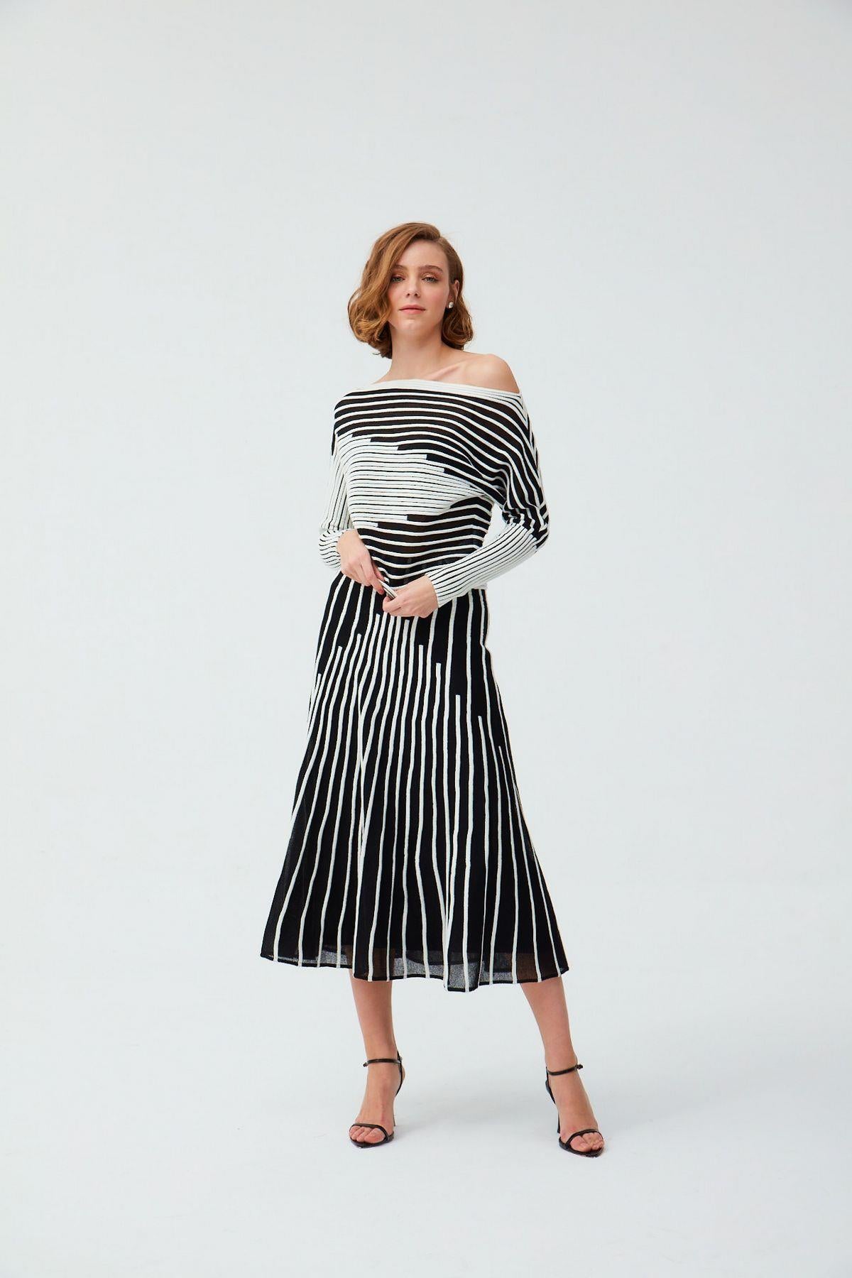 Black and White Striped Boat Neck  Blouse
