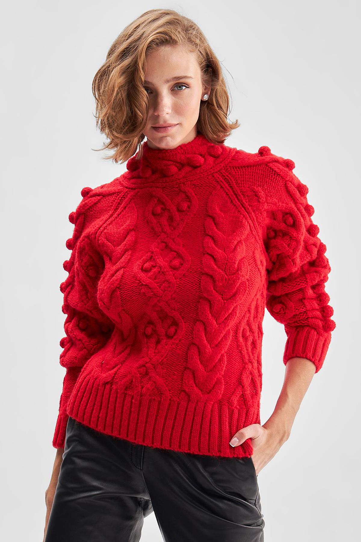 Back Detailed Cable Knit Pompom Red Knitwear Sweater