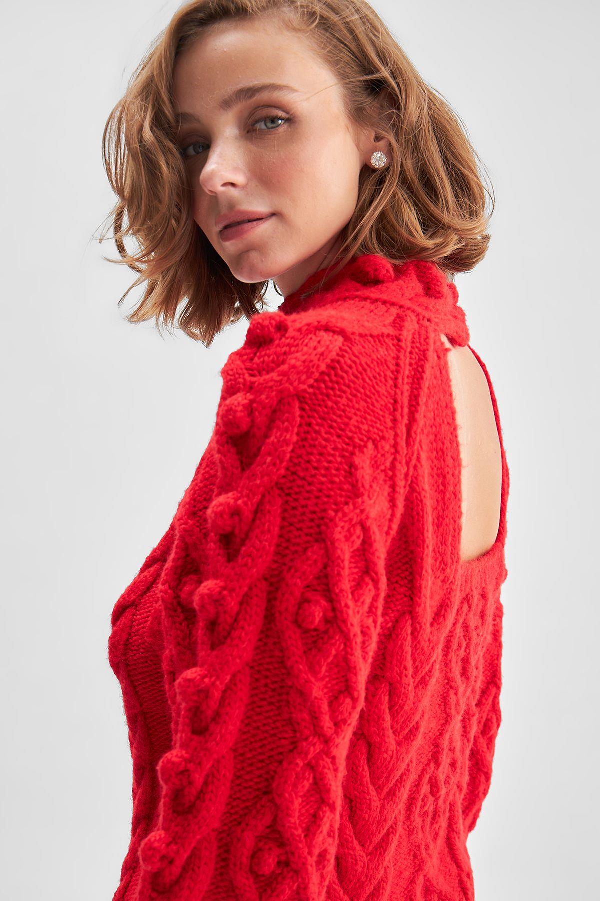 Back Detailed Cable Knit Pompom Red Knitwear Sweater