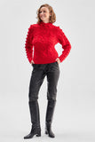 Back Detailed Cable Knit Pompom Red Knitwear Sweater