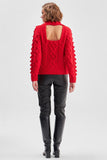 Back Detailed Cable Knit Pompom Red Knitwear Sweater