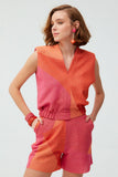 Color Block V-Neck Pleated Blouse