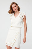 Embroidery Detailed V Neck Ecru  Blouse