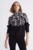 Baklava Pattern Stone Embroidered Black Knitwear Sweater