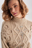 Back Detailed Stone Embroidered Beige Knitwear Sweater