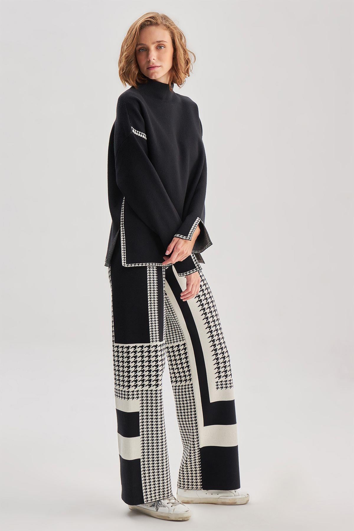 Black and White Patterned Knitwear Trousers