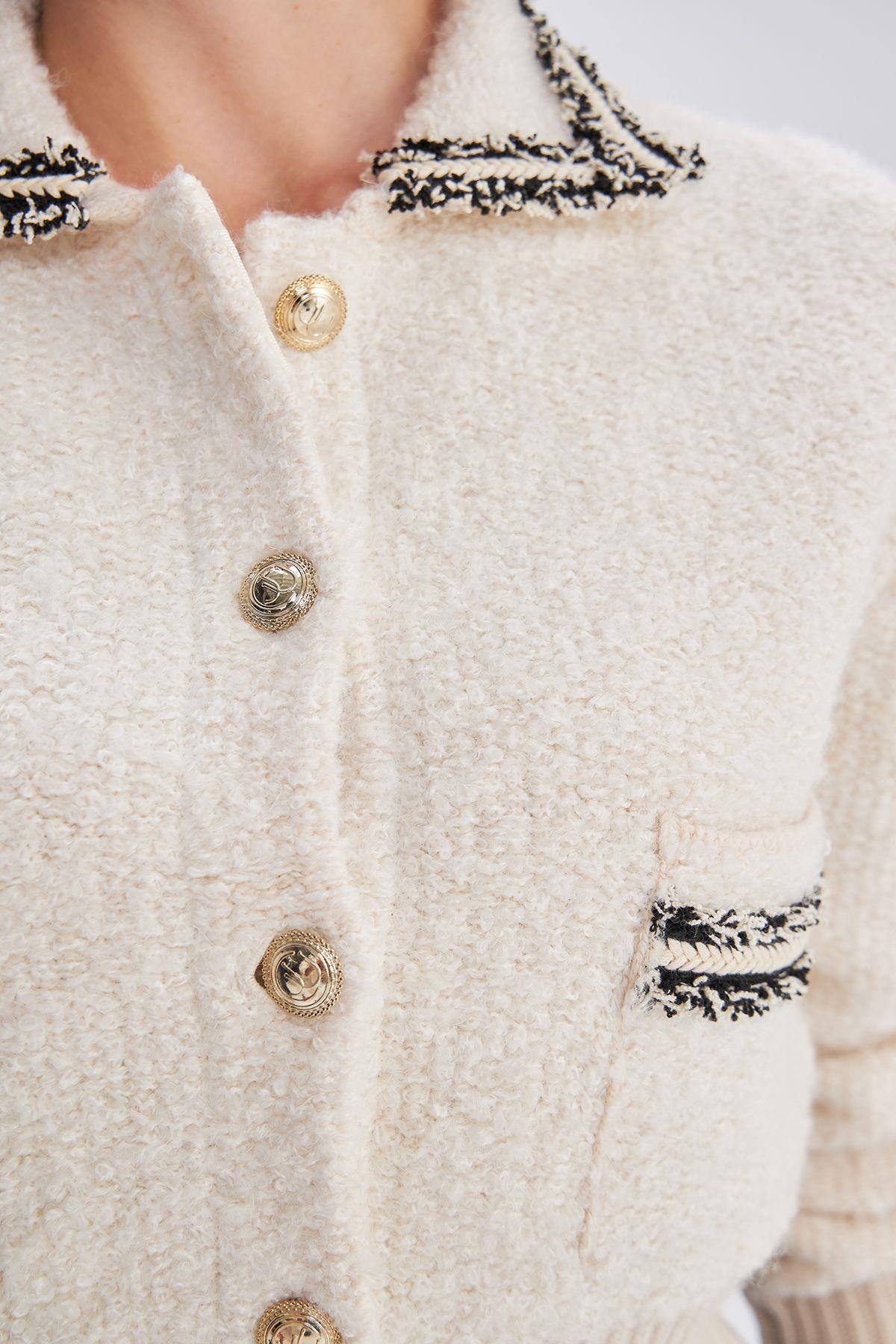 Black Stripe Detailed White Feather Knitwear Jacket