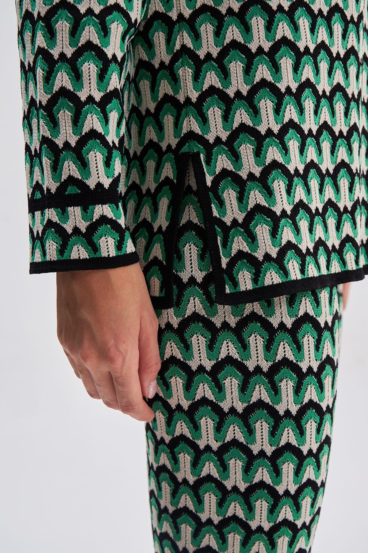 Geometric Patterned Wide Leg Green Knitwear Trousers