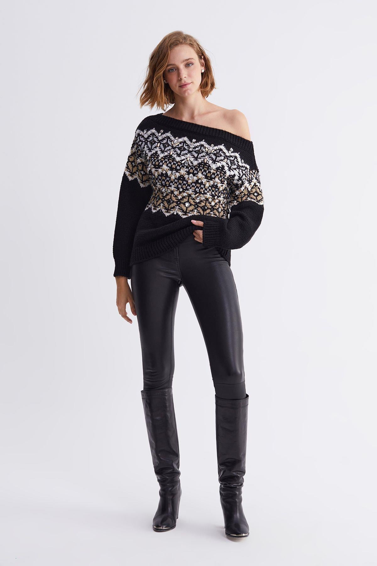Low Shoulder Stone Embroidered Patterned Knitwear Sweater