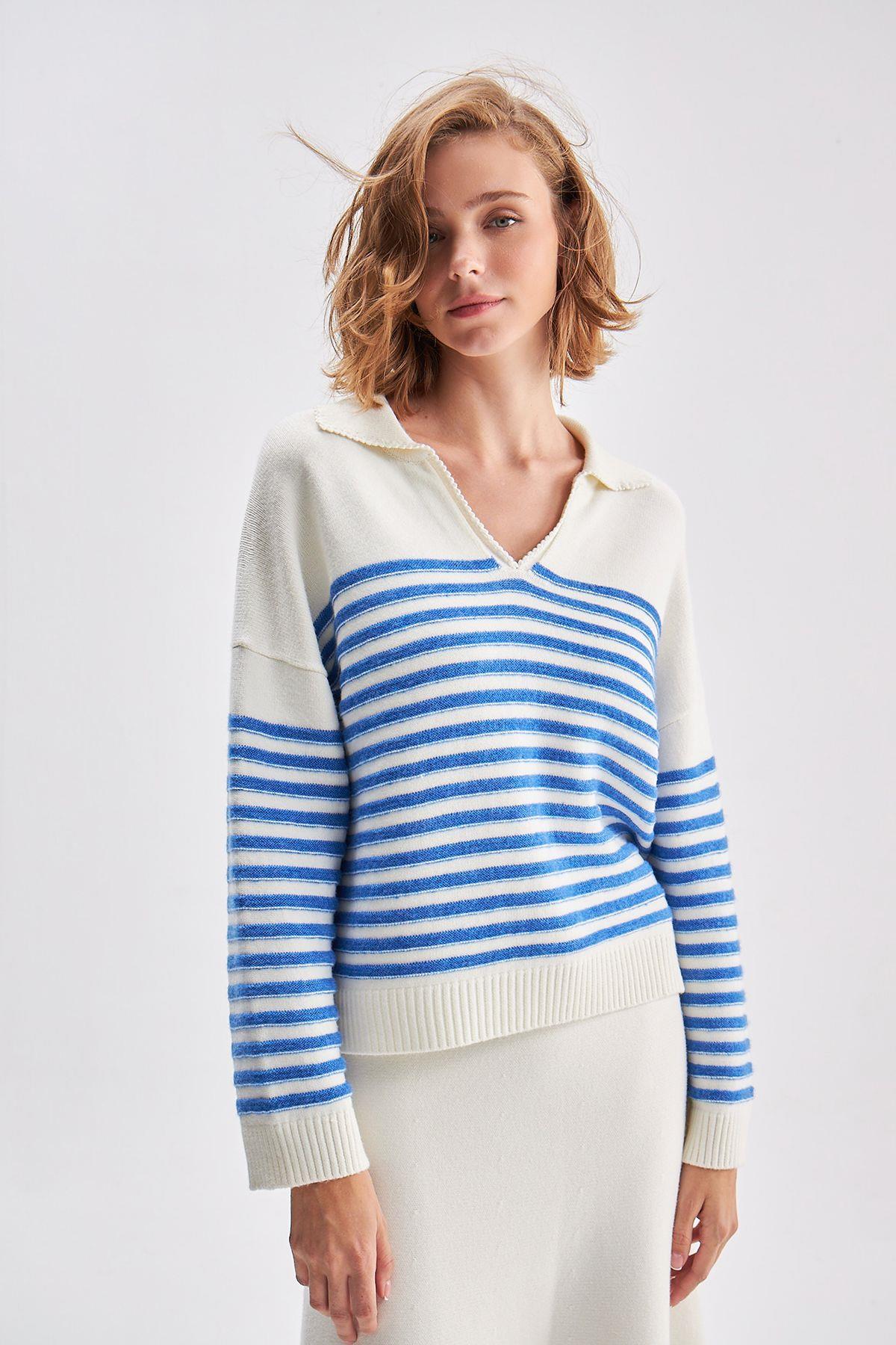 Polo Neck Striped Ecru Knitwear Sweater