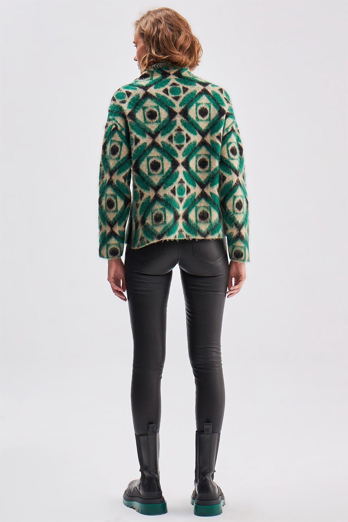 Zipper Detailed Geometric Patterned Knitwear Sweater